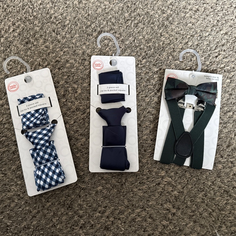 Lot Of 3 Sets Of Boys Ties,  2 With Tie/ Pocket Square, 1 Bow Tie & Suspenders